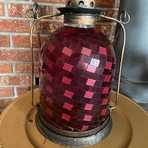 Beautiful vintage lantern made of red glass mosaic, you can use a candle.